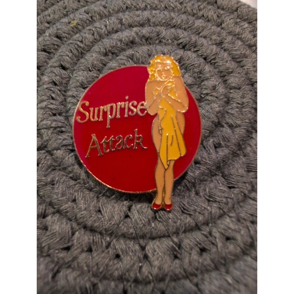 Vtg SURPRISE ATTACK Nose Art Lapel Hat Sexy Pin US Army Marines‎ Navy Air Force